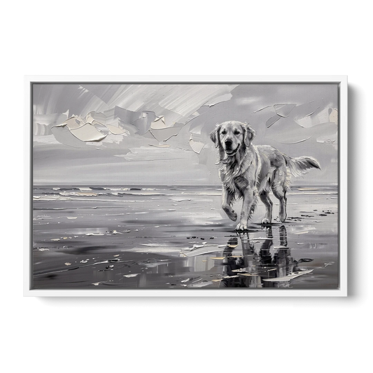 Misty Shore Golden Retriever in Black and White - White Framed Canvas Wall Art - Front
