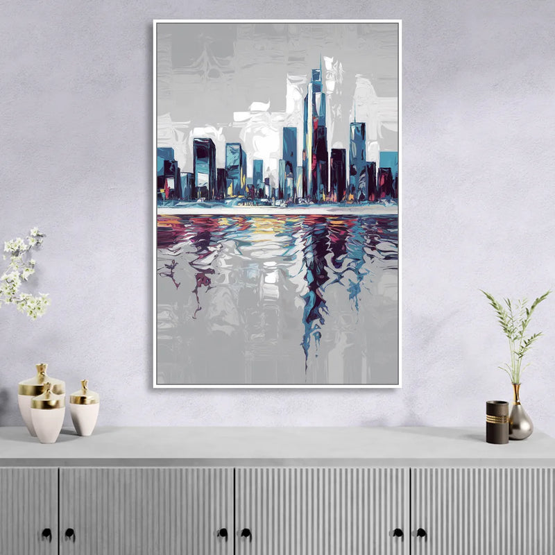 Mobile Abstract Cityscape Living Room - White Canvas Wall Art