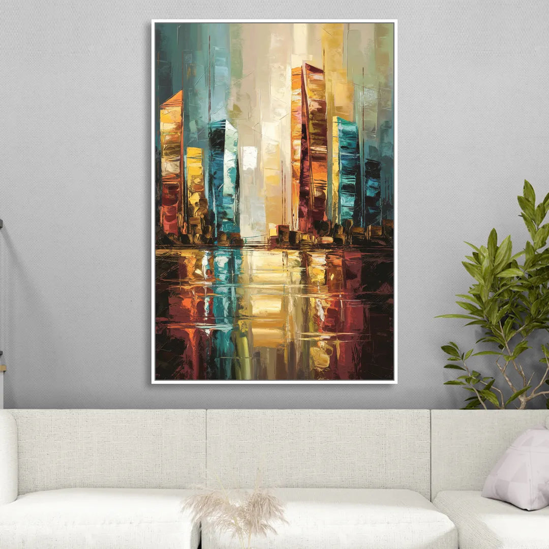Mobile Abstract Cityscape Modern Sitting Room - White Canvas Wall Art