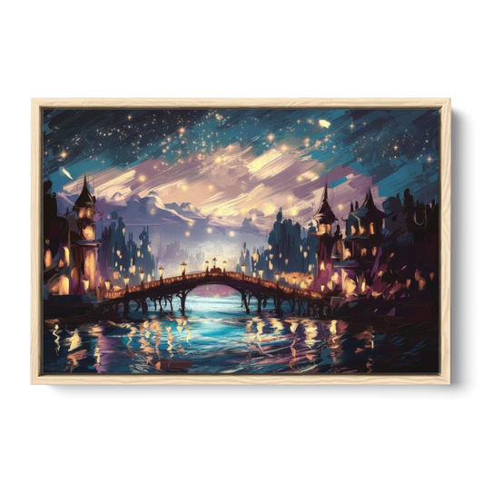 Mobile Nightscape Glow - Oak Framed Canvas Wall Art - Front