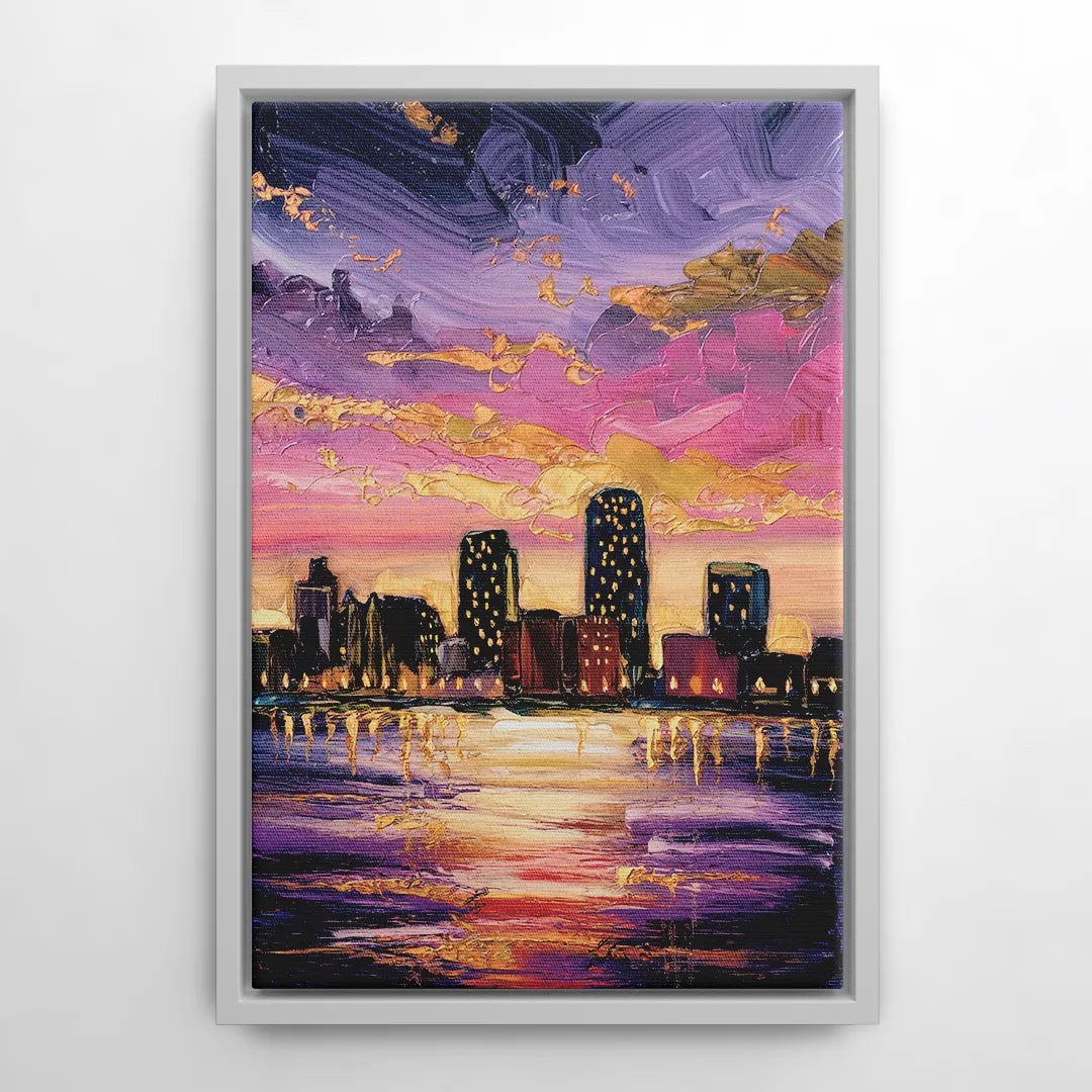 Mobile Skyline Sunset - White Frame Canvas