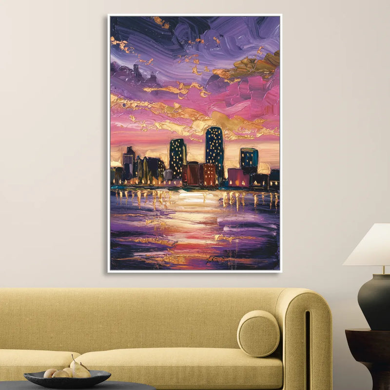 Mobile Skyline Sunset Living Room - White Canvas Wall Art