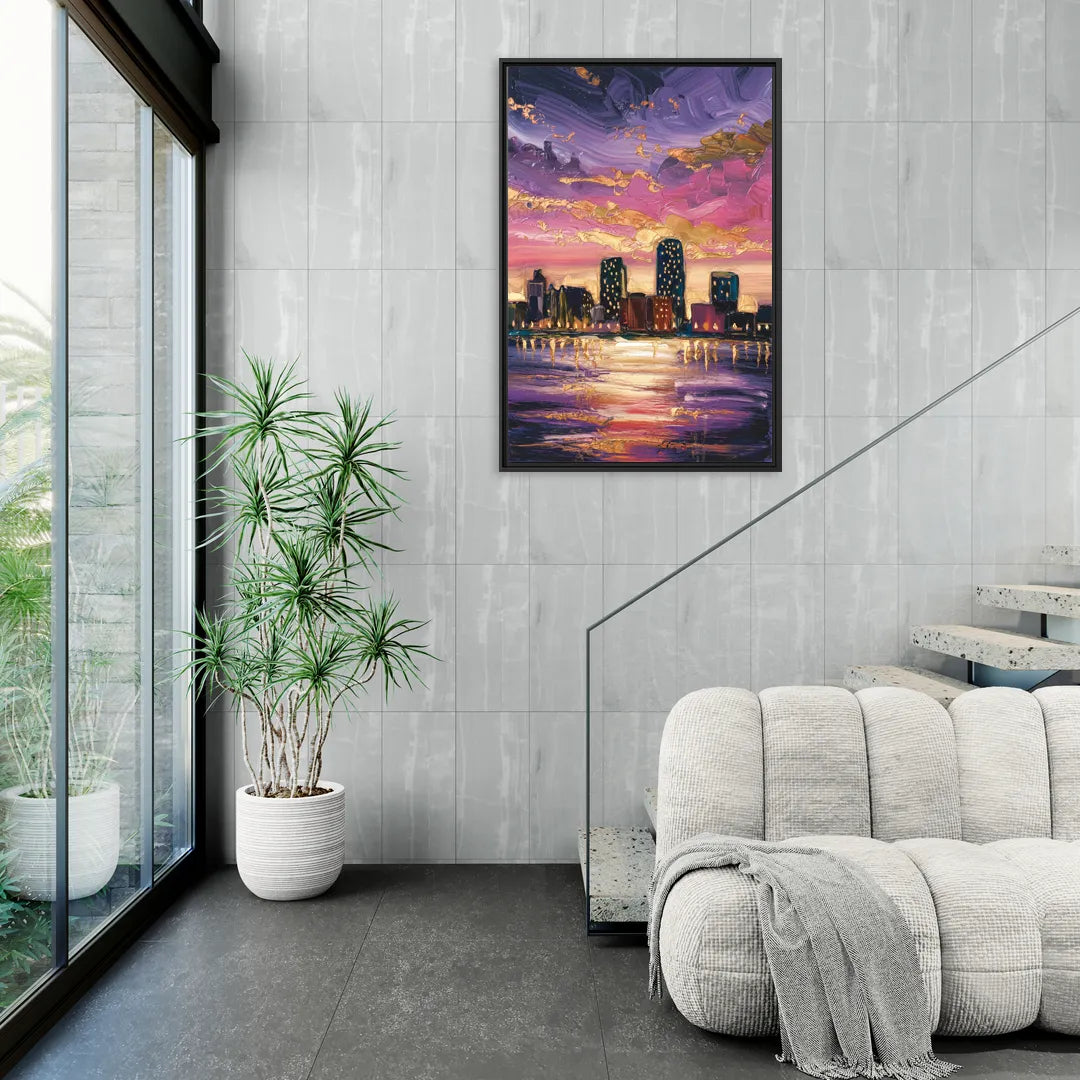 Mobile Skyline Sunset - Living Room Black Frame Canvas