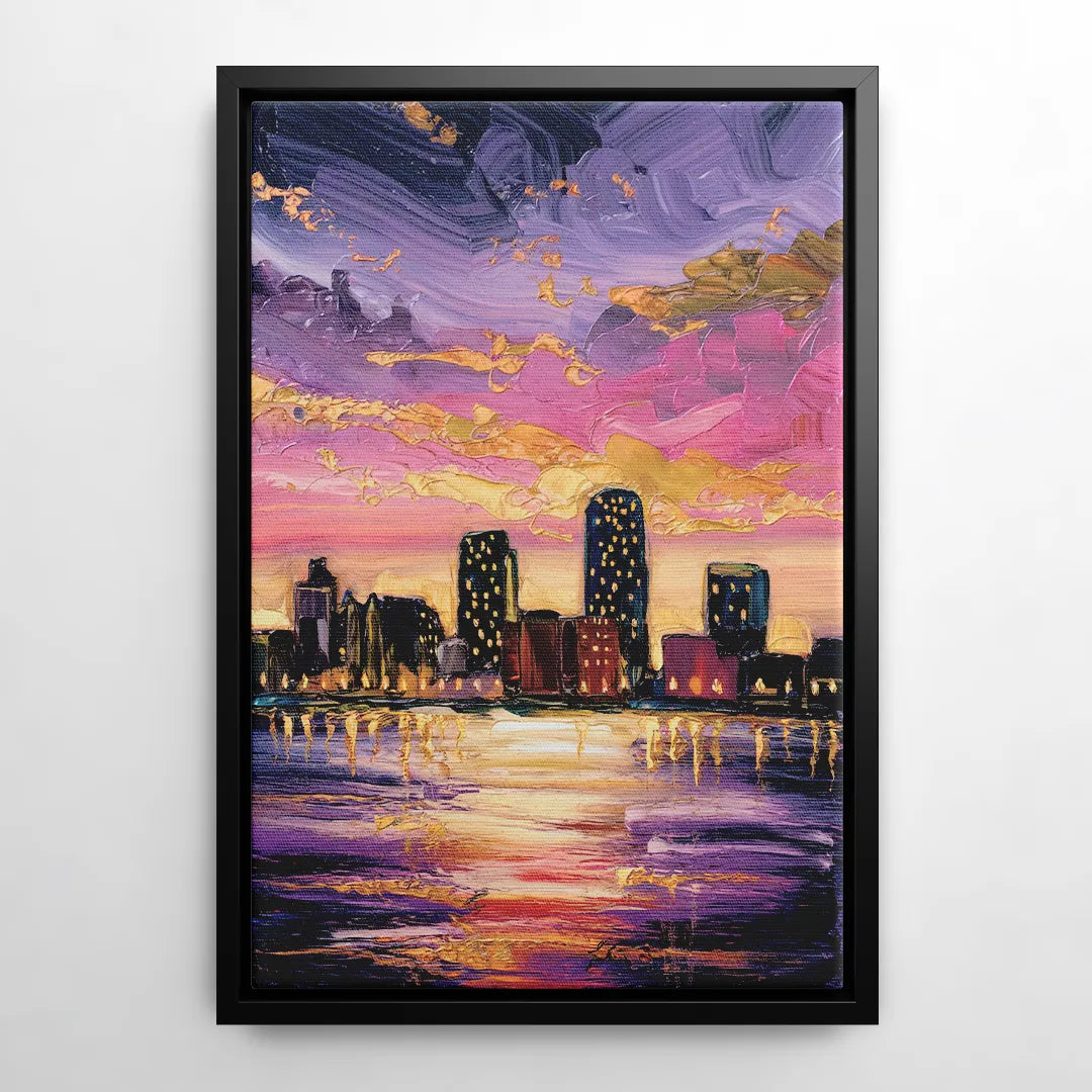 Mobile Skyline Sunset - Black Frame Canvas