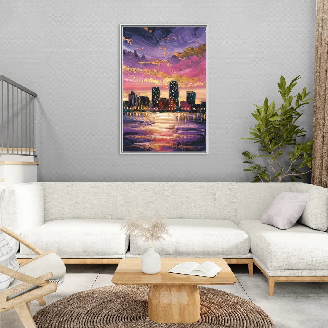 Mobile Skyline Sunset - Living Room White Frame Canvas