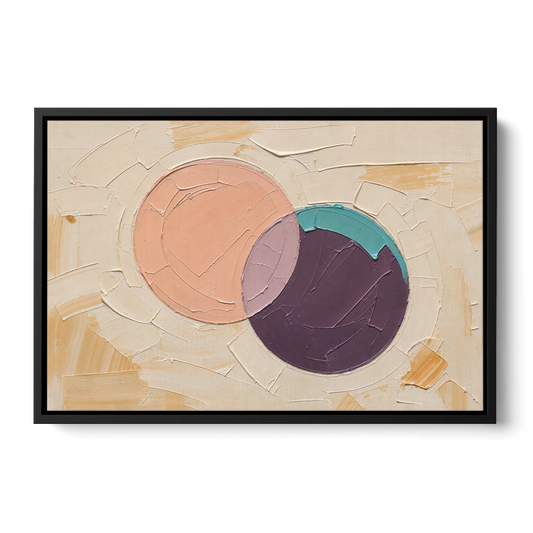 Modern Abstract Overlapping Peach and Plum Discs - Black Framed Canvas Wall Art - Front