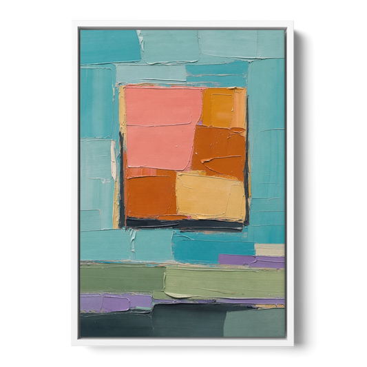 Modern Abstract Prints Sunset Square on Turquoise - White Framed Canvas Wall Art - Front