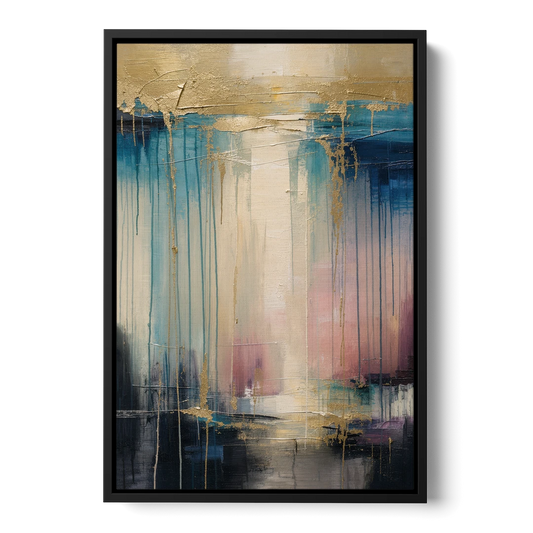 Modern Abstract Teal and Gold Veil Rain - Black Framed Canvas Wall Art - Front