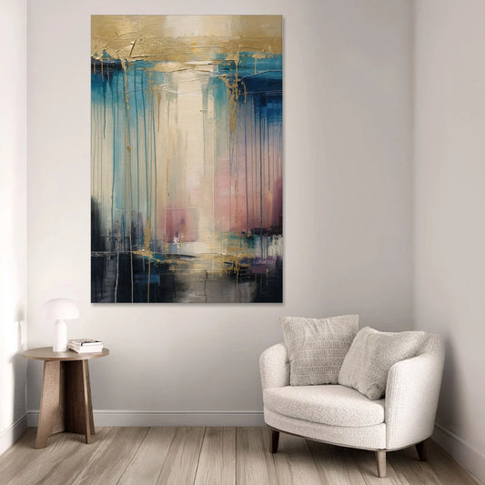Modern Abstract Teal and Gold Veil Rain - Canvas Wall Art - Sofa - 40x60