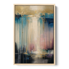 Modern Abstract Teal and Gold Veil Rain - Oak Framed Canvas Wall Art - Front