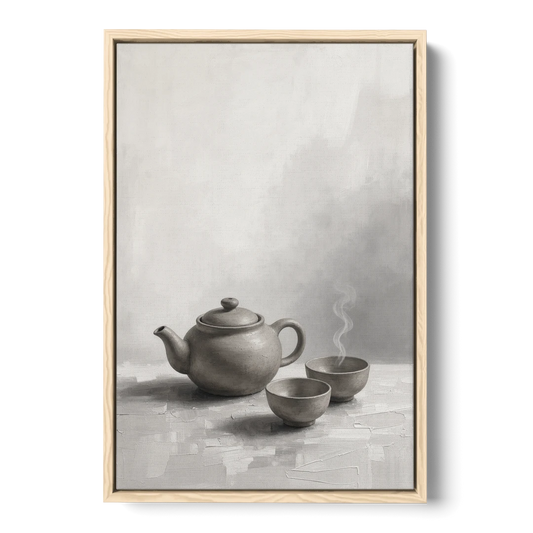 Modern Asian Wall Art Clay Teapot and Steaming Cups - Oak Framed Canvas Wall Art - Front