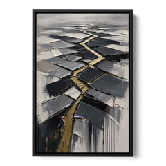 Modern Black White and Gold Abstract Fissure - Black Framed Canvas Wall Art - Front