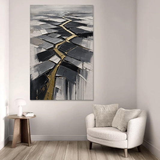 Modern Black White and Gold Abstract Fissure - Canvas Wall Art - Sofa - 40x60