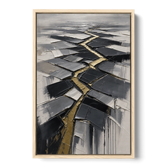 Modern Black White and Gold Abstract Fissure - Oak Framed Canvas Wall Art - Front