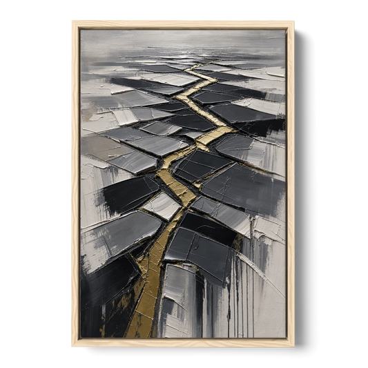 Modern Black White and Gold Abstract Fissure - Oak Framed Canvas Wall Art - Front