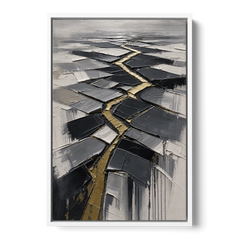 Modern Black White and Gold Abstract Fissure - White Framed Canvas Wall Art - Front