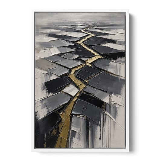 Modern Black White and Gold Abstract Fissure - White Framed Canvas Wall Art - Front