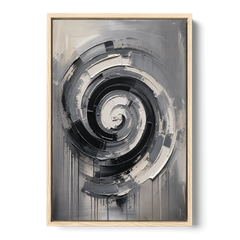 Modern Black and White Inward Spiral - Oak Framed Canvas Wall Art - Front
