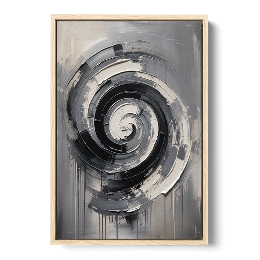 Modern Black and White Inward Spiral - Oak Framed Canvas Wall Art - Front