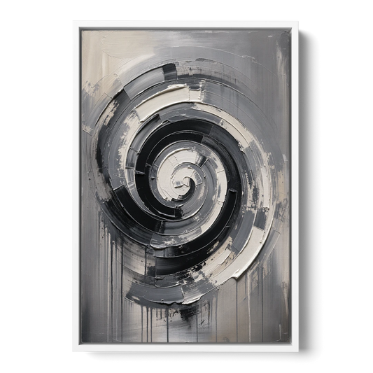 Modern Black and White Inward Spiral - White Framed Canvas Wall Art - Front