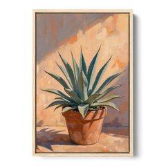 Modern Blue Agave Plant in Afternoon Sun - Oak Framed Canvas Wall Art - Front