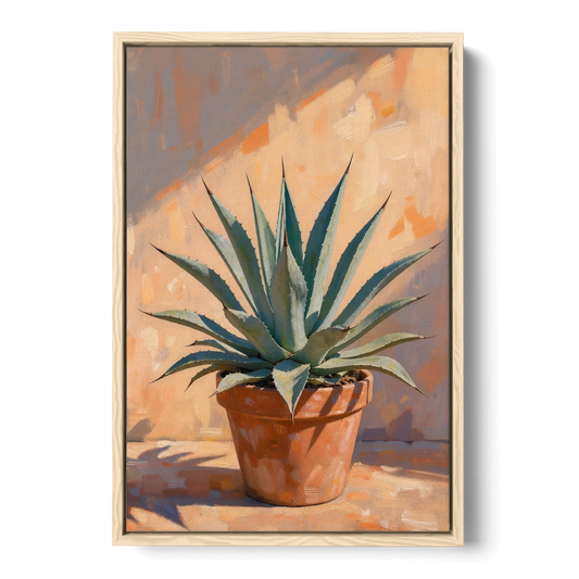 Modern Blue Agave Plant in Afternoon Sun - Oak Framed Canvas Wall Art - Front