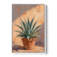 Modern Blue Agave Plant in Afternoon Sun - White Framed Canvas Wall Art - Front