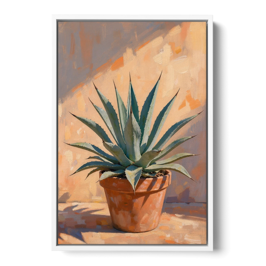 Modern Blue Agave Plant in Afternoon Sun - White Framed Canvas Wall Art - Front