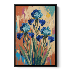 Modern Botanical Wall Art of Blue Irises on Terracotta - Black Framed Canvas Wall Art - Front