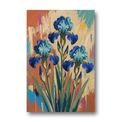 Modern Botanical Wall Art of Blue Irises on Terracotta - Canvas Wall Art - Front