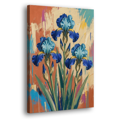 Modern Botanical Wall Art of Blue Irises on Terracotta - Canvas Wall Art - Side