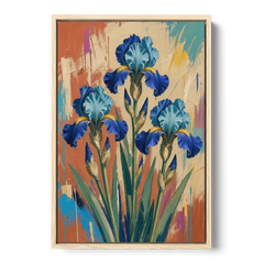 Modern Botanical Wall Art of Blue Irises on Terracotta - Oak Framed Canvas Wall Art - Front