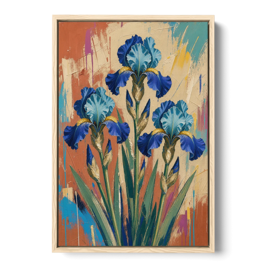 Modern Botanical Wall Art of Blue Irises on Terracotta - Oak Framed Canvas Wall Art - Front