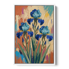 Modern Botanical Wall Art of Blue Irises on Terracotta - White Framed Canvas Wall Art - Front