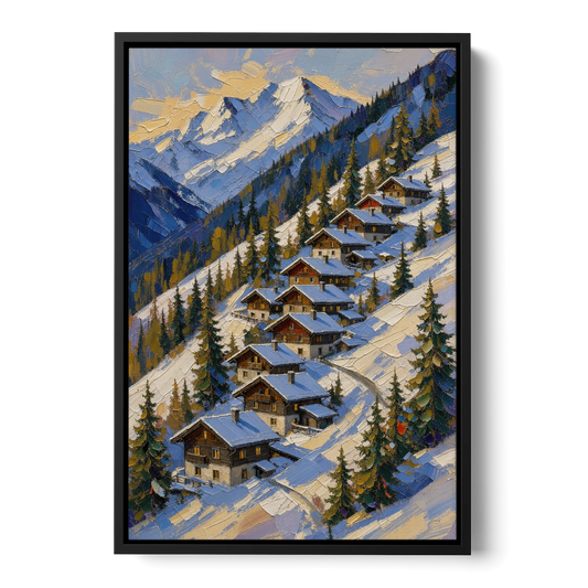 Modern Christmas Painting of the Alpine Slope - Black Framed Canvas Wall Art - Front