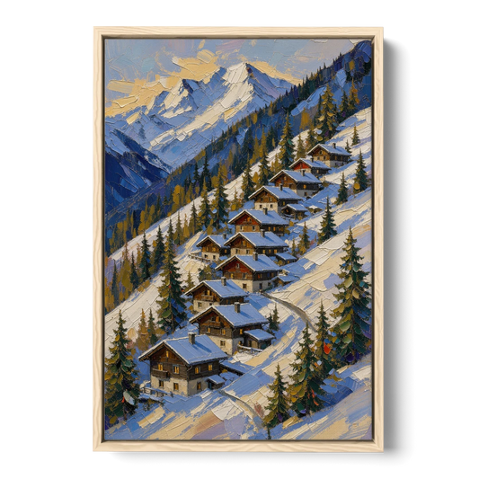 Modern Christmas Painting of the Alpine Slope - Oak Framed Canvas Wall Art - Front
