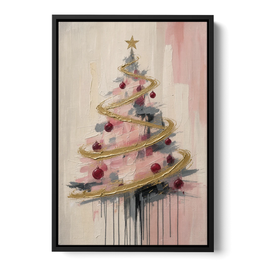 Modern Christmas Tree Painting with Gold Spiral - Black Framed Canvas Wall Art - Front