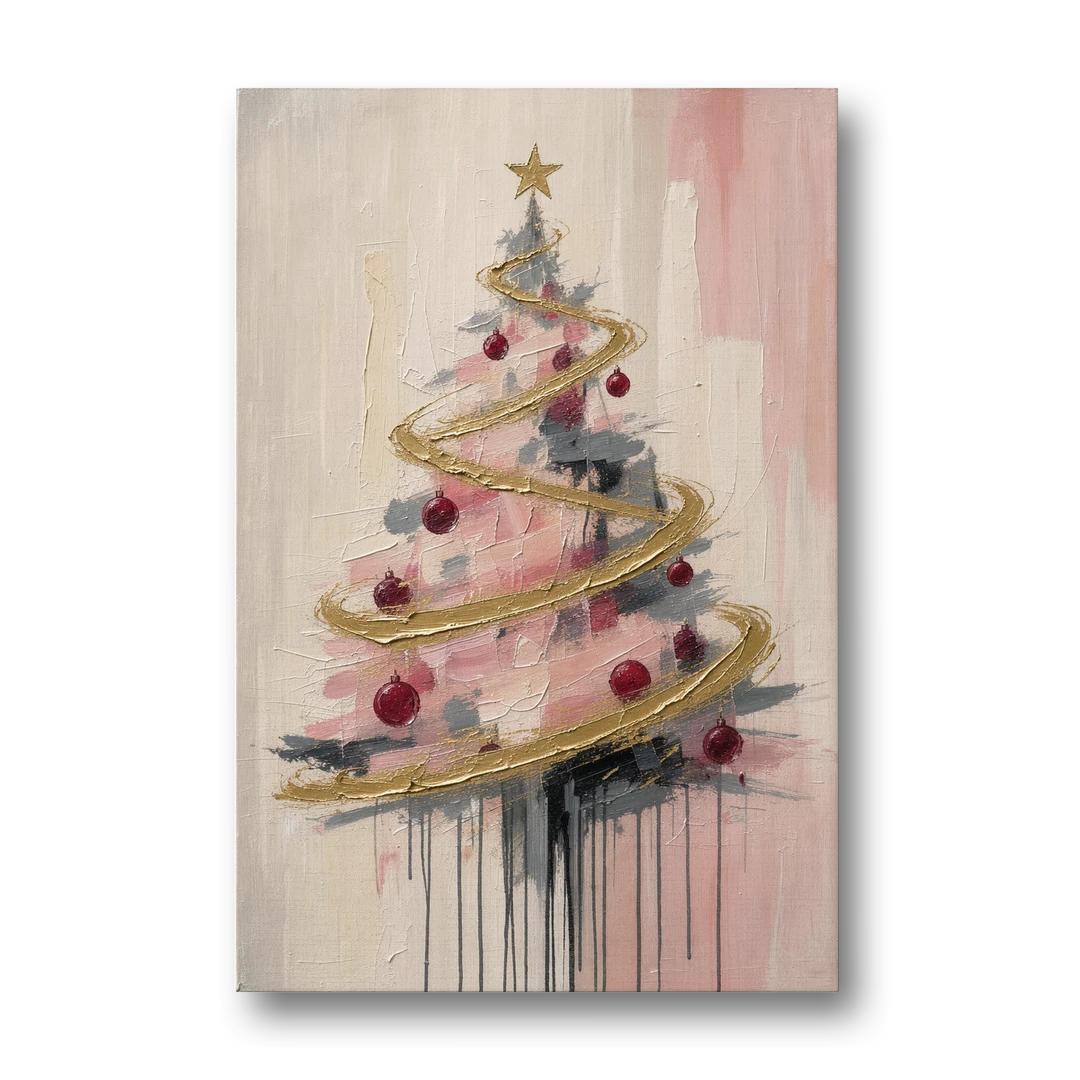 Modern Christmas Tree Painting with Gold Spiral - Canvas Wall Art - Front