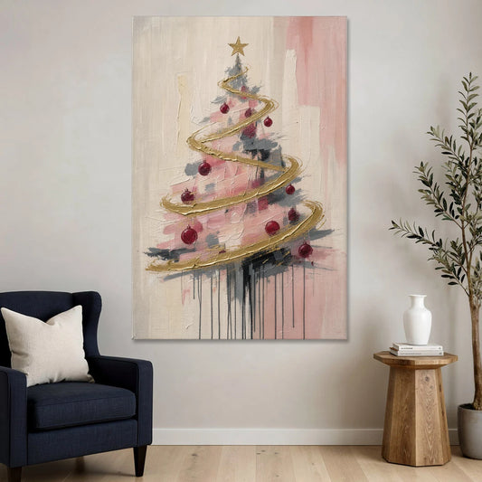 Modern Christmas Tree Painting with Gold Spiral - Canvas Wall Art - Sofa - 40x60