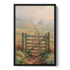 Modern Farmhouse Wall Art Pasture Gate in Morning Mist - Black Framed Canvas Wall Art - Front