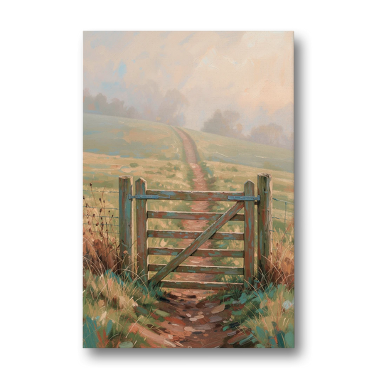 Modern Farmhouse Wall Art Pasture Gate in Morning Mist - Canvas Wall Art - Front