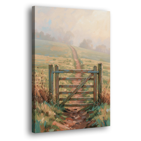 Modern Farmhouse Wall Art Pasture Gate in Morning Mist - Canvas Wall Art - Side