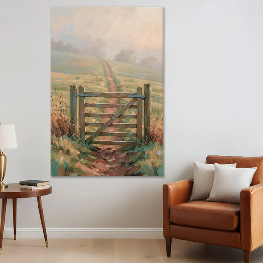 Modern Farmhouse Wall Art Pasture Gate in Morning Mist - Canvas Wall Art - Sofa - 40x60