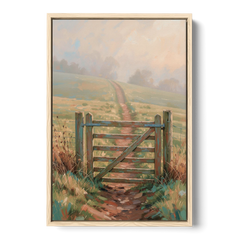 Modern Farmhouse Wall Art Pasture Gate in Morning Mist - Oak Framed Canvas Wall Art - Front
