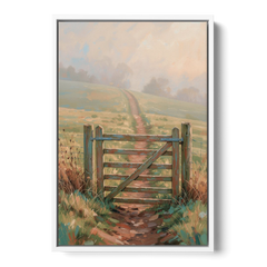 Modern Farmhouse Wall Art Pasture Gate in Morning Mist - White Framed Canvas Wall Art - Front