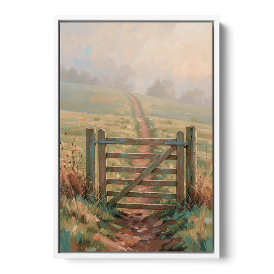 Modern Farmhouse Wall Art Pasture Gate in Morning Mist - White Framed Canvas Wall Art - Front