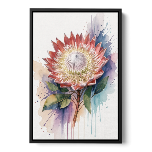 Modern Floral King Protea Crown - Black Framed Canvas Wall Art - Front