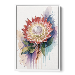 Modern Floral King Protea Crown - White Framed Canvas Wall Art - Front