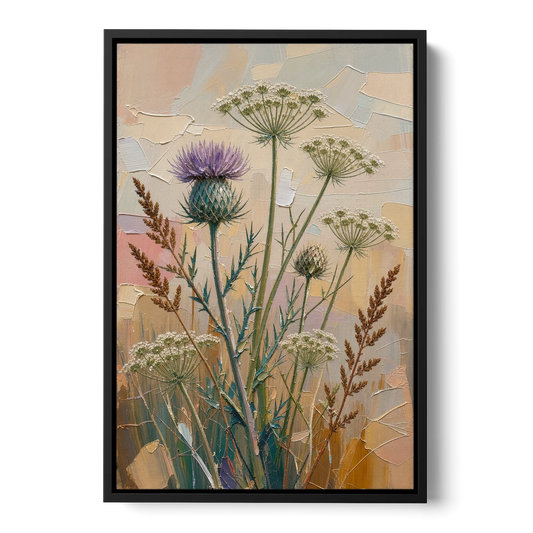 Modern Floral Painting of Thistle and Wild Carrot - Black Framed Canvas Wall Art - Front