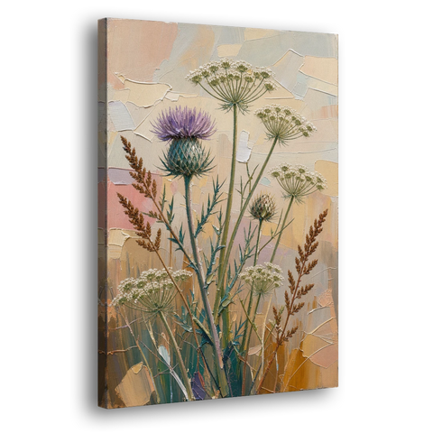 Modern Floral Painting of Thistle and Wild Carrot - Canvas Wall Art - Side